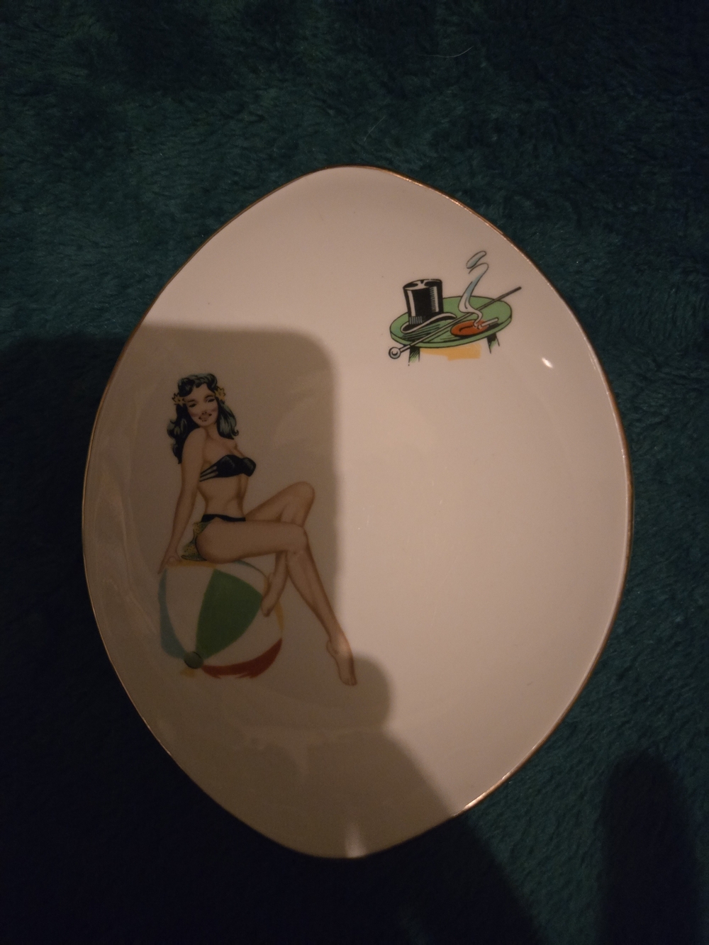 Vintage Women Bath & Body Ceramic Trinket Dish with Pin-Up Design - White